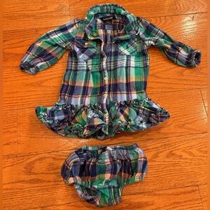 Ralph Lauren Baby Girl Plaid Flannel Top & Bloomers Set – 12M